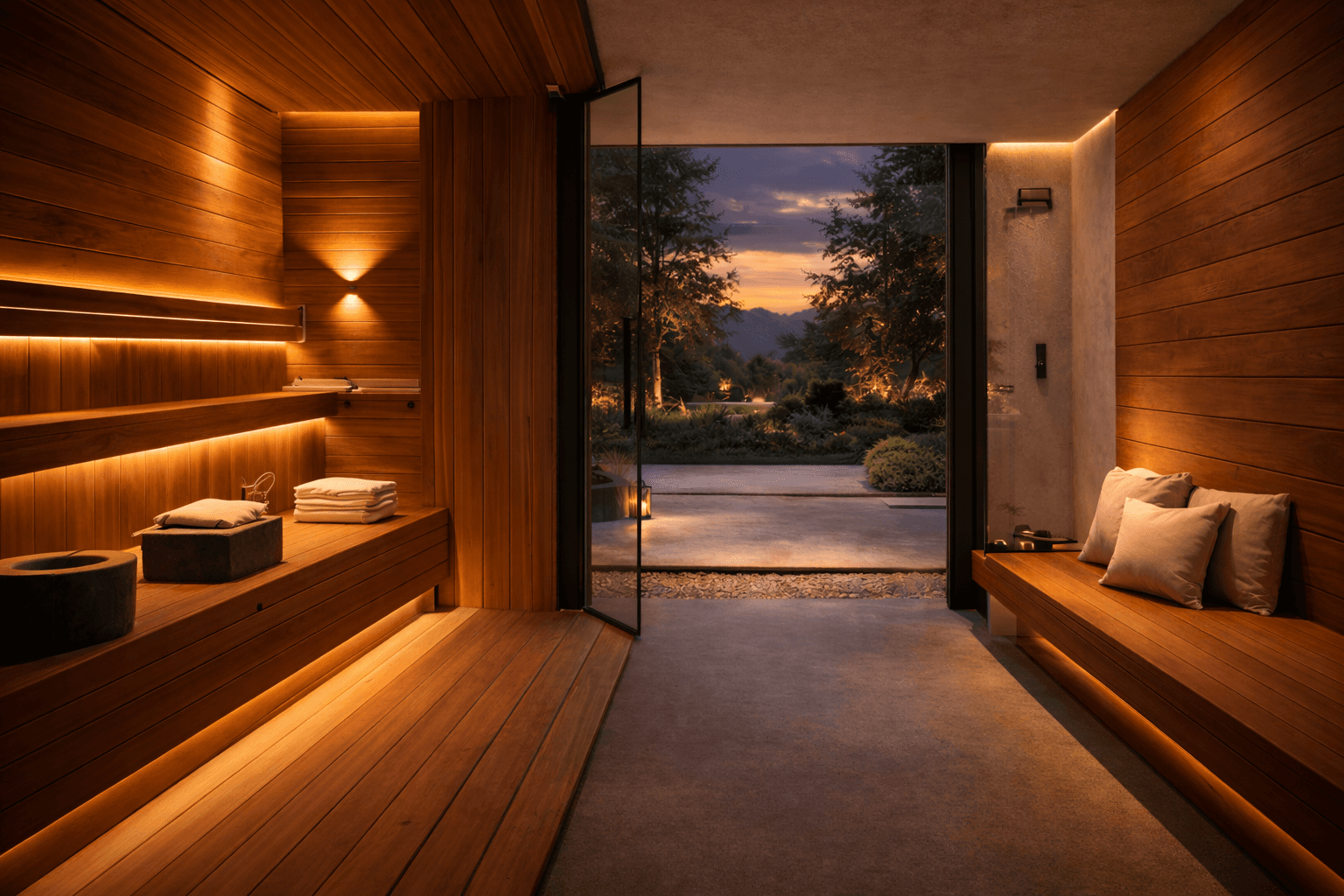 AUREUM Recovery Pavilion — interior sauna with cedar millwork and cove lighting
